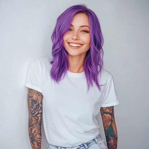 Smiling Girl with Purple Hair and Tattoos