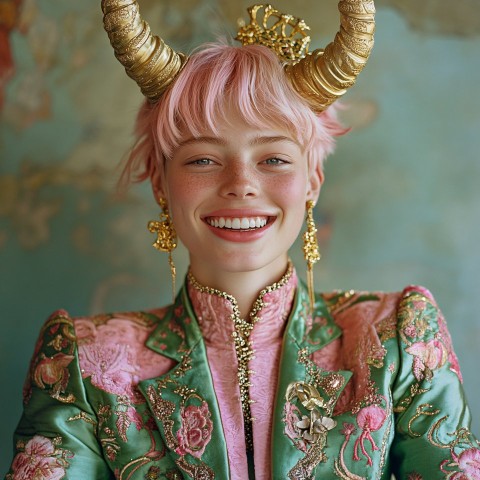 Portrait of Woman with Pink Hair and Gold Horns