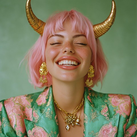 Portrait of Woman with Pink Hair and Gold Horns