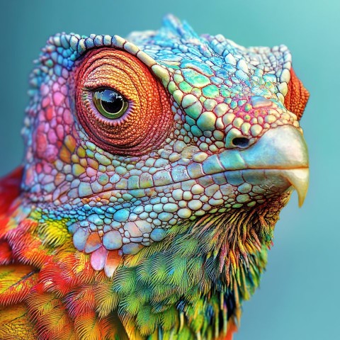 Colorful Chameleon-Bird Hybrid Animal in Hyperrealistic Style