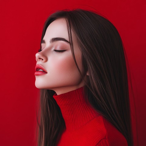 Girl with Straight Brown Hair in Red Clothes