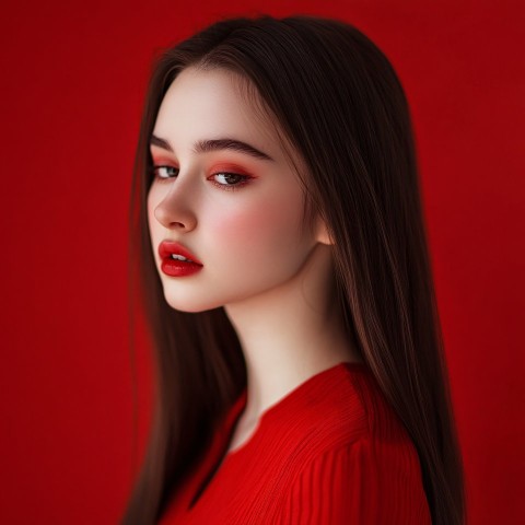 Red Outfit Woman with Straight Brown Hair