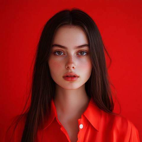 Girl in Red Clothes on Red Background