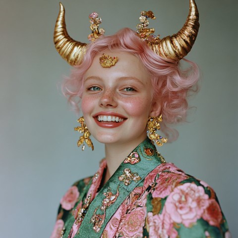 Smiling Woman with Pink Hair and Gold Horns