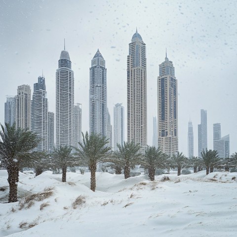 Rare Snowstorm Over Dubai's Iconic Desert and Skyscrapers