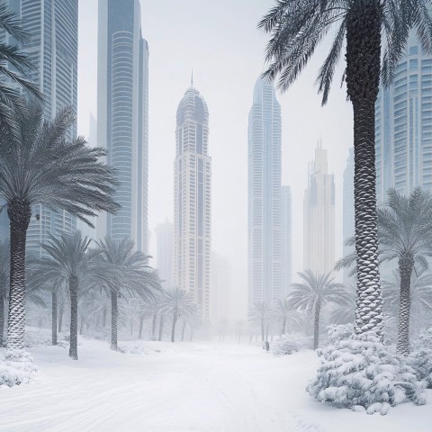 Snowstorm Covers Dubai's Sand Dunes and Skyscrapers