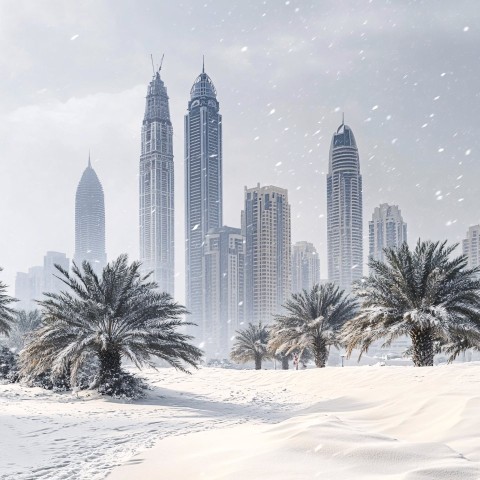 Snowstorm in Dubai's Desert with Skyscrapers