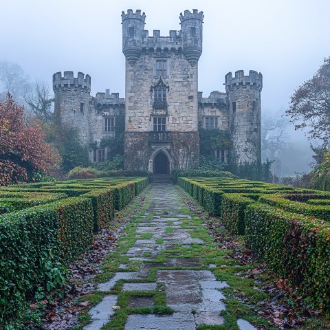 Tall Stone Castle with Hedge Mazes and Fog