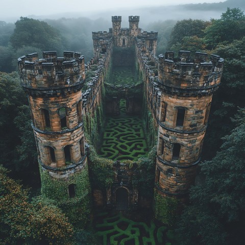 Tall Stone Castle Surrounded by Fog and Hedge Mazes