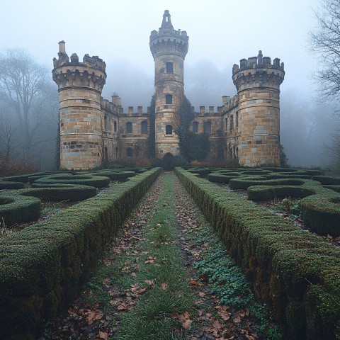 Tall Stone Castle Surrounded by Fog and Hedge Mazes