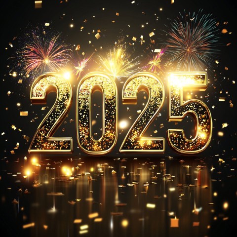 Golden 3D "2025" Fireworks and Confetti New Year