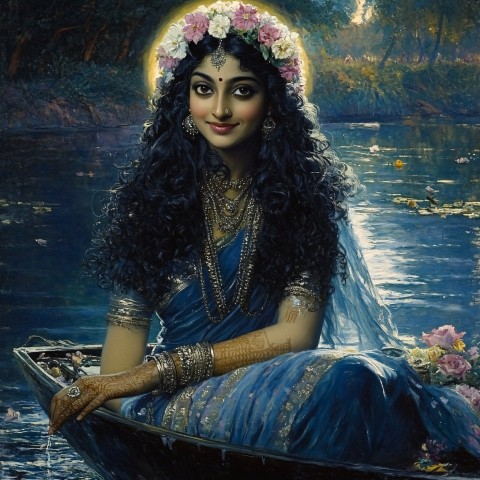 Hindu Goddess in Boat with Blue Saree