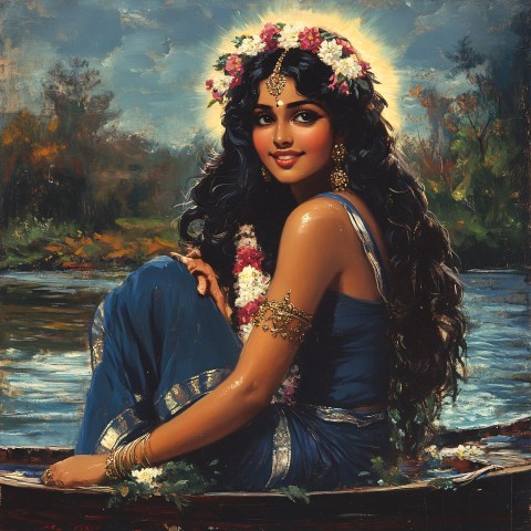 Hindu Goddess in Boat with Blue Saree