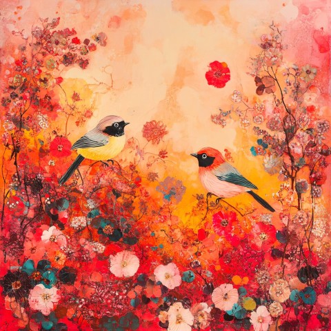 Colorful Birds Playing Among Red and Pink Flowers