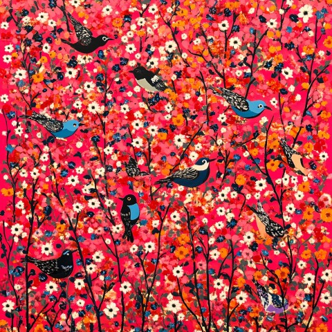 Small Birds Playing Among Red and Pink Flowers