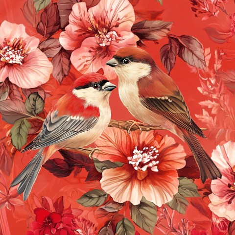 Colorful Birds Playing Among Red and Pink Flowers