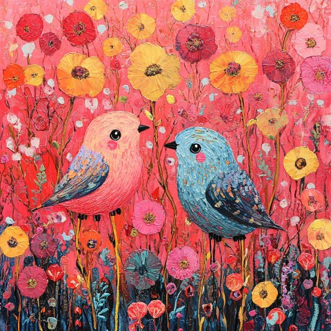 Colorful Birds Playing on Red and Pink Flower Background