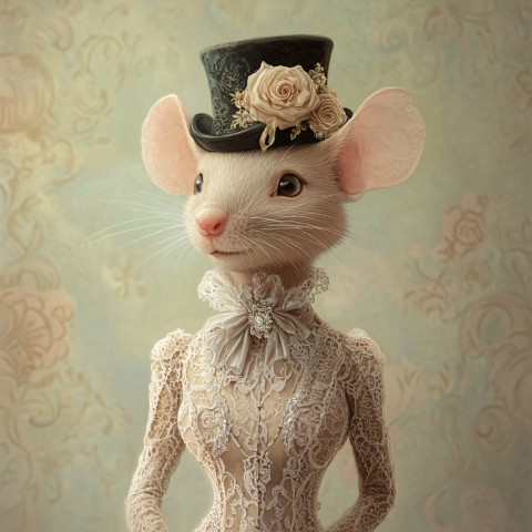 Elegant Mouse Lady in Vintage Lace Evening Gown