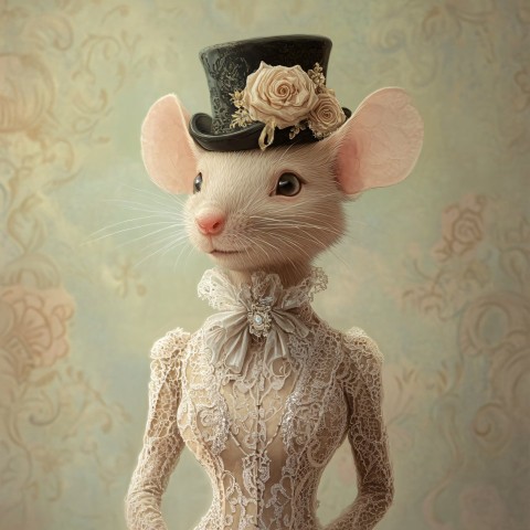 Elegant Mouse Lady in Vintage Lace Evening Gown