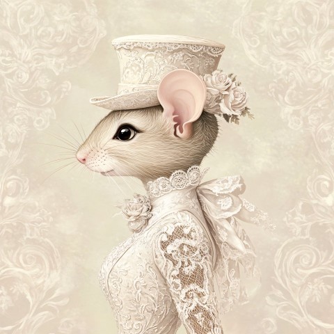 Elegant Mouse Lady in Vintage Lace Evening Gown