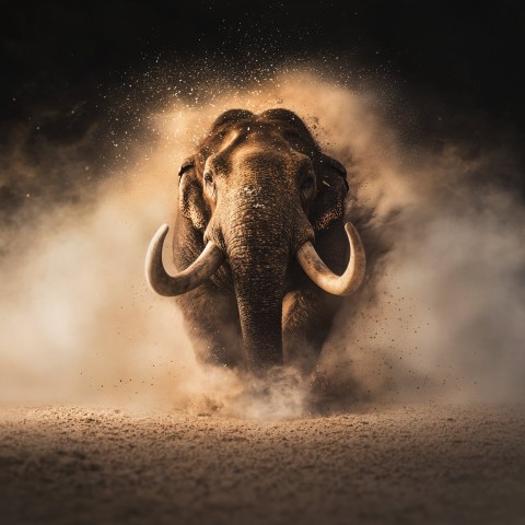 Epic Mammoth Running Toward Camera in Dusty Scene