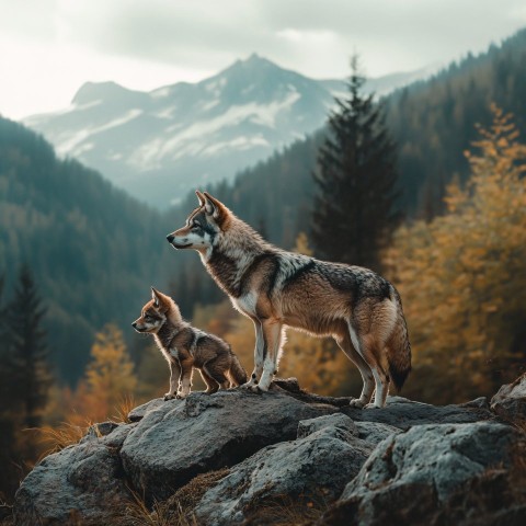 Wolf Family Standing on Rocks in Mountain Landscape