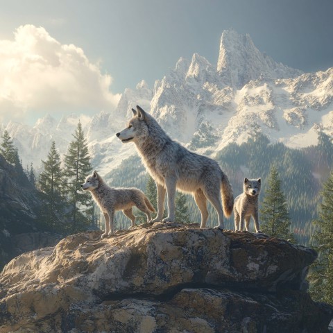 Wolf family standing on rocky mountain landscape