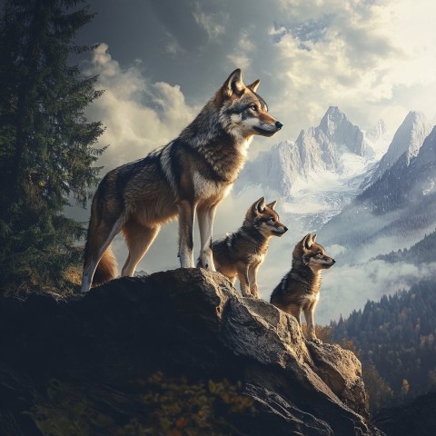 Wolf family on mountain rocks under blue sky