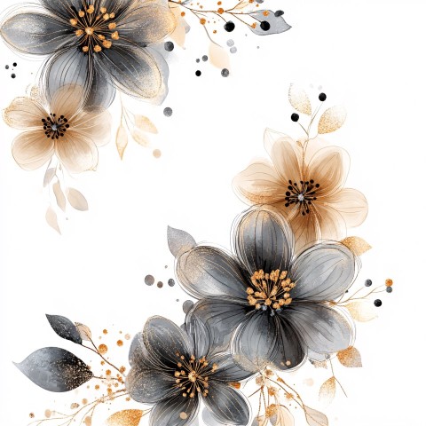 New Year Floral Watercolor Clipart in Gold and Silver