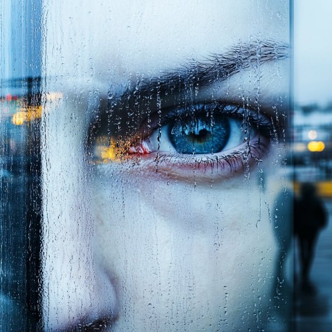 Sad Face Reflected in Rain-Soaked Window on Blue Monday