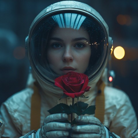 Astronaut Holding a Red Rose with Blurred Background