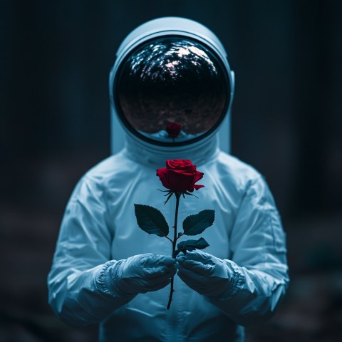 Cosmonaut Holding Red Rose with Soft Blurred Background