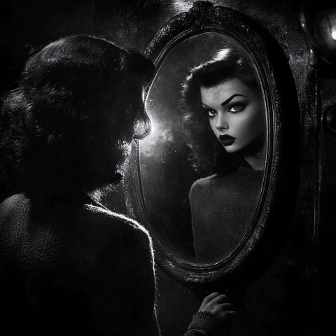 Surreal Woman Standing Before Mirror in Ed Wood Style