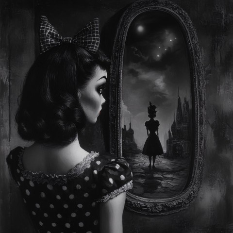 Surreal Woman Facing Mirror in Ed Wood Style Artwork