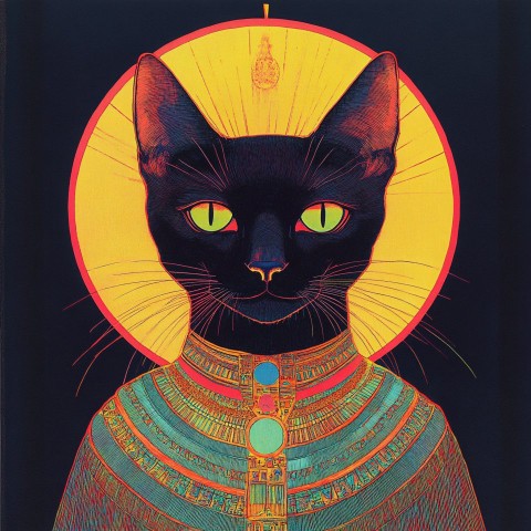 Psychedelic Egyptian Cat God Illustration in Dark Atmosphere