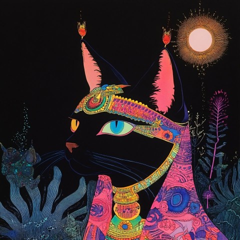 Psychedelic Egyptian Cat God in Dark Risograph Illustration