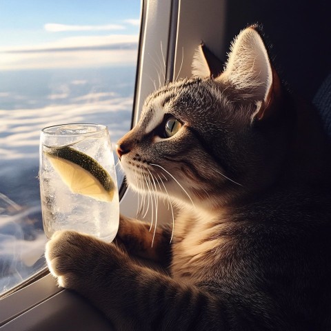 Cute Cat Drinking Gin Tonic on Airplane Seat