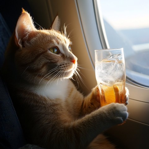 Cute Cat Drinking Gin and Tonic on Airplane