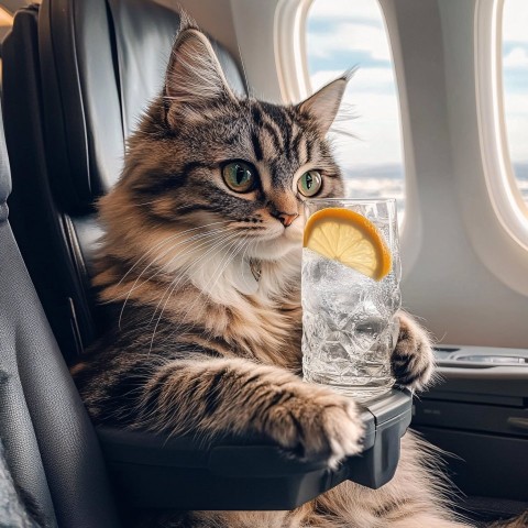 Cat Drinking Gin and Tonic on Airplane Seat