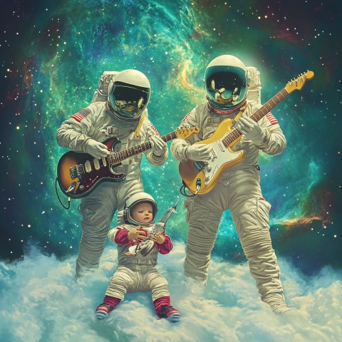 Astronaut Family Playing Electric Guitars in Nebula Background