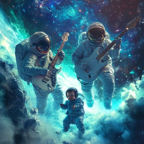 Astronaut Family Playing Electric Guitars in Space