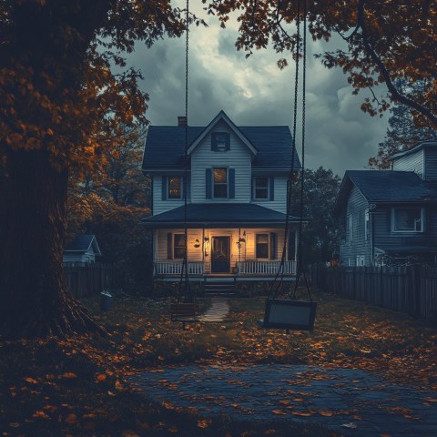 Gloomy Autumn Fantasy with American Two-Story House