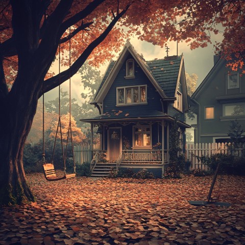 Gloomy Autumn Fantasy Scene with American Two-Story House