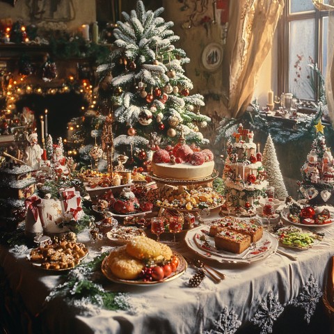 Festive Christmas Tabletop Full of Holiday Decorations