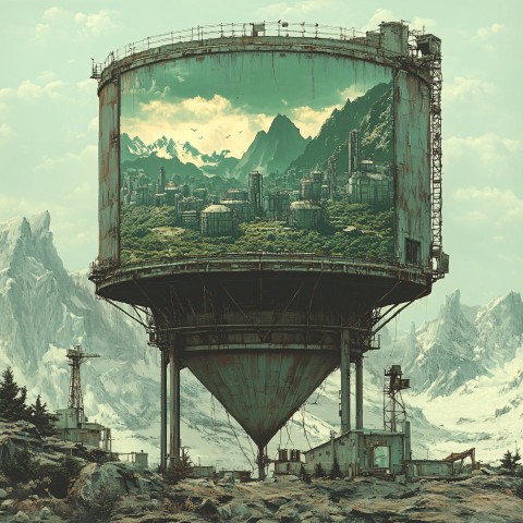 City Encased in Ecological Silos Over Desolate Wasteland