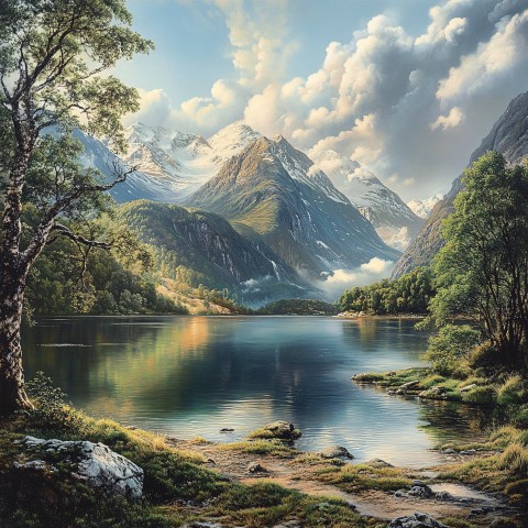 Mountain Landscape with Serene Water and Greenery