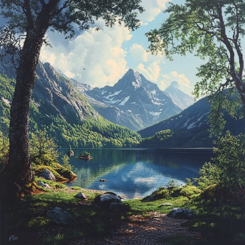 Majestic Mountain Landscape with Serene Waters and Greenery