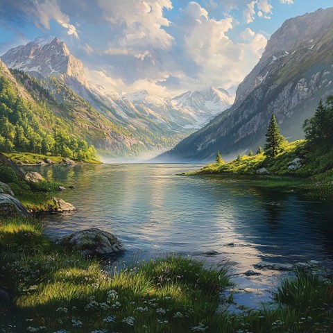 Mountain Landscape with Serene Waters and Lush Greenery