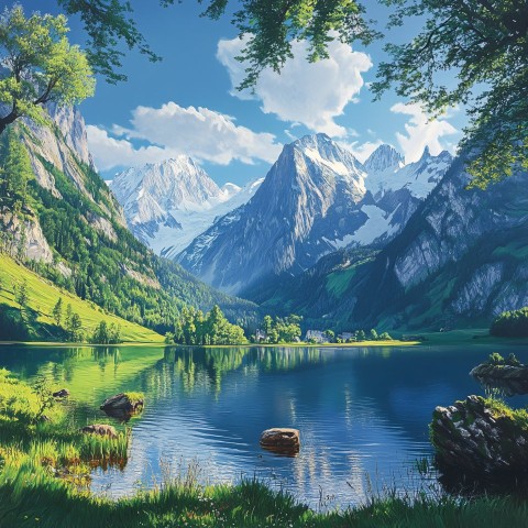 Majestic Mountains and Serene Water Landscape Painting