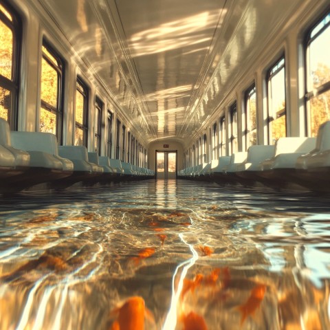 Train Carriage Filled with Water and Sunlit Fish